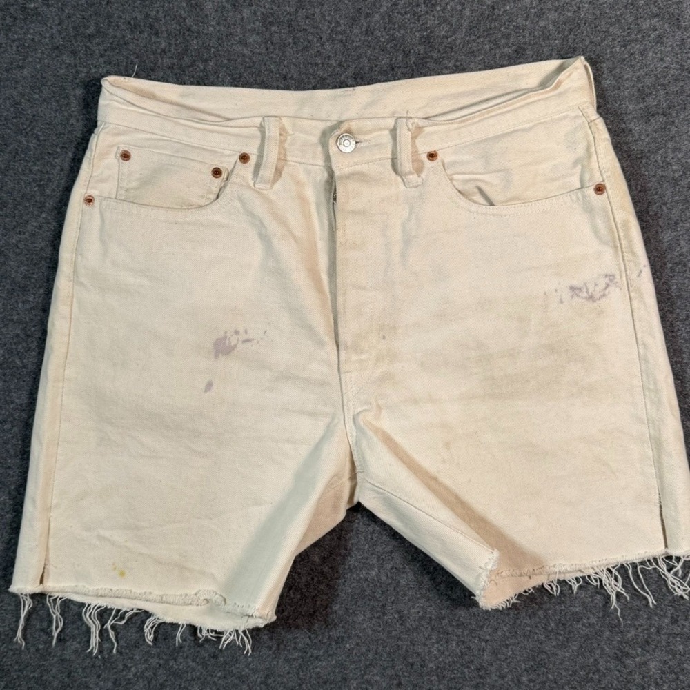 Buck Mason Cream‎ Denim Shorts Distressed Casual Summer Sz 32 Distressed Cut Off